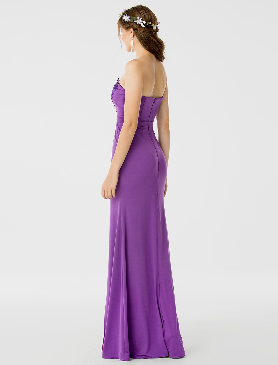 Vestido de dama de honor con corte en forma de tubo, escote corazón, sin mangas, espalda abierta, largo hasta el suelo, jersey, encaje floral, faja, cinta, apliques, abertura frontal