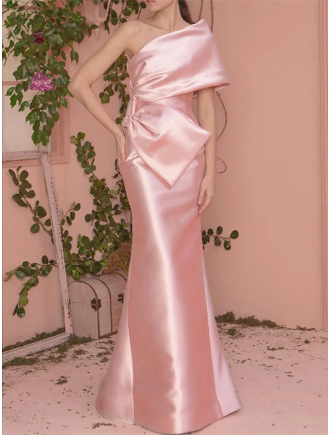 Mermaid / Trumpet Prom Dresses Elegant Dress Engagement Formal Evening Floor Length Short Sleeve One Shoulder Satin with Bow(s)