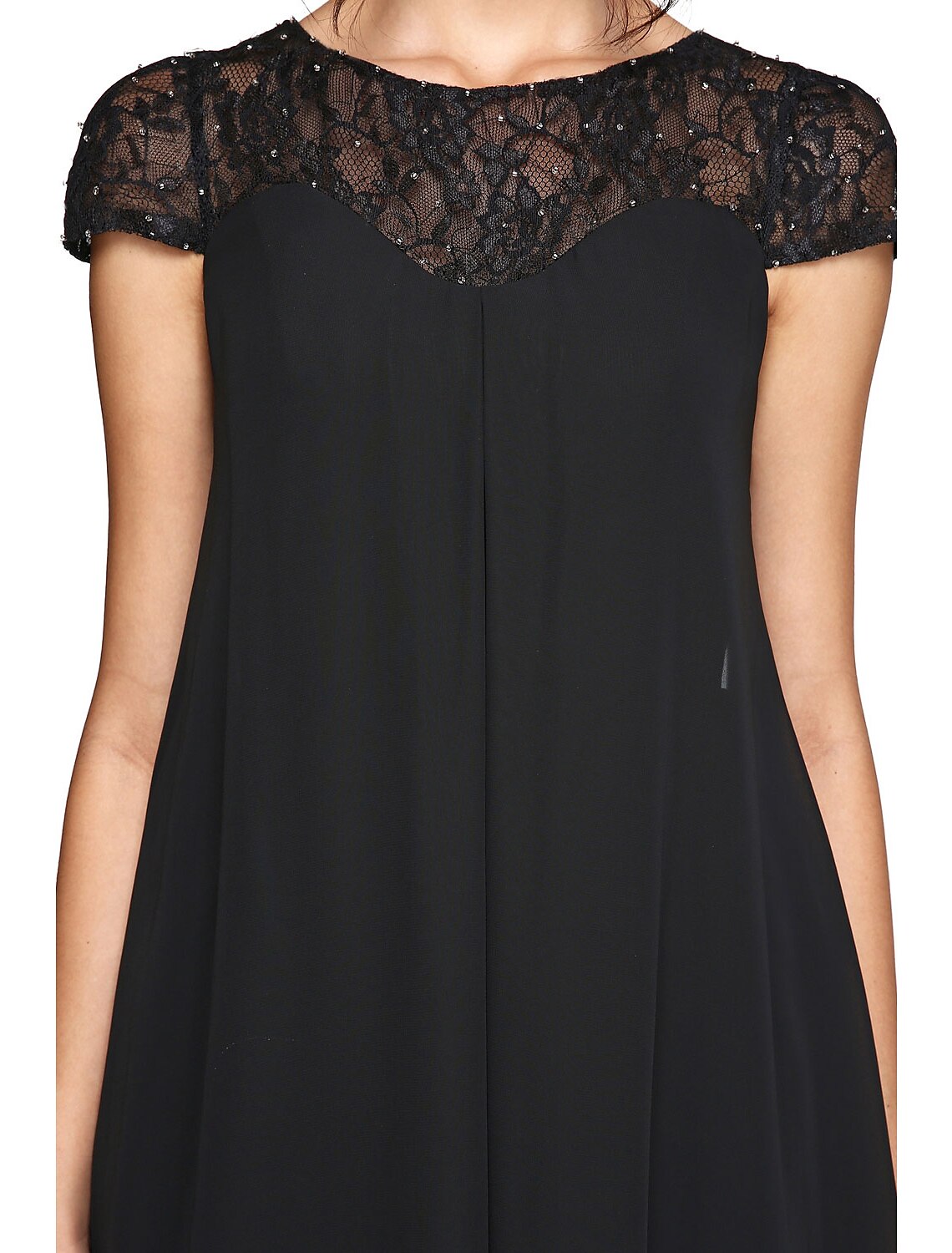 Vestido de madre de la novia de corte A, talla grande, elegante, cuello ilusión, largo hasta la rodilla, gasa, encaje, manga corta con lentejuelas