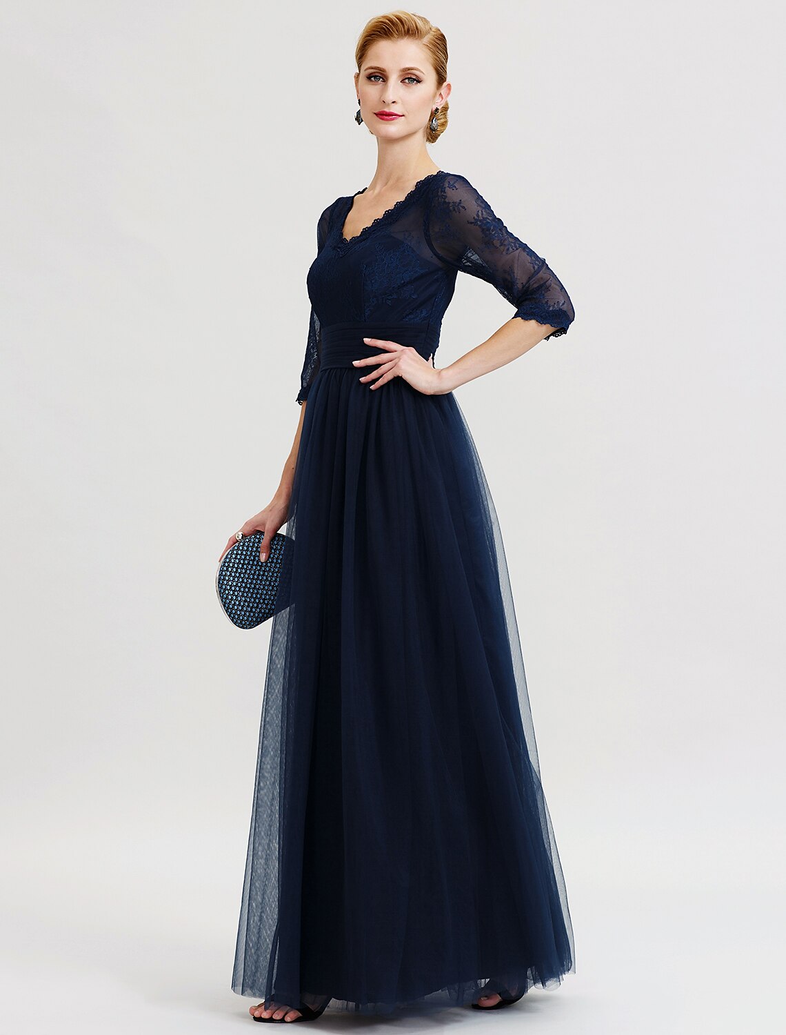 Ball Gown A-Line Mother of the Bride Dress Beautiful Back See Through V Neck Floor Length Tulle Sheer Lace 3/4 Length Sleeve with Sash / Ribbon Pleats