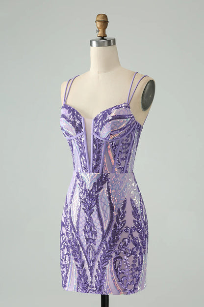 Sparkly Spaghetti Straps Corset Unique Homecoming Dress with Sequins