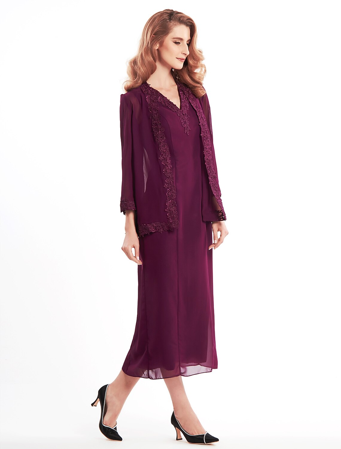 Sheath / Column Mother of the Bride Dress Convertible Dress V Neck Tea Length Chiffon 3/4 Length Sleeve with Lace