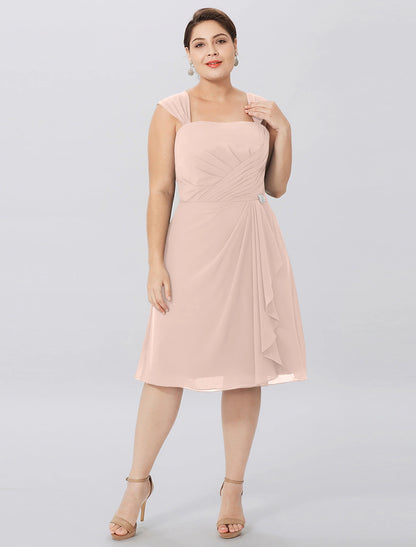 A-Line Mother of the Bride Dress Formal Plus Size Elegant Straps Knee Length Chiffon Sleeveless yes with Criss Cross Pleat