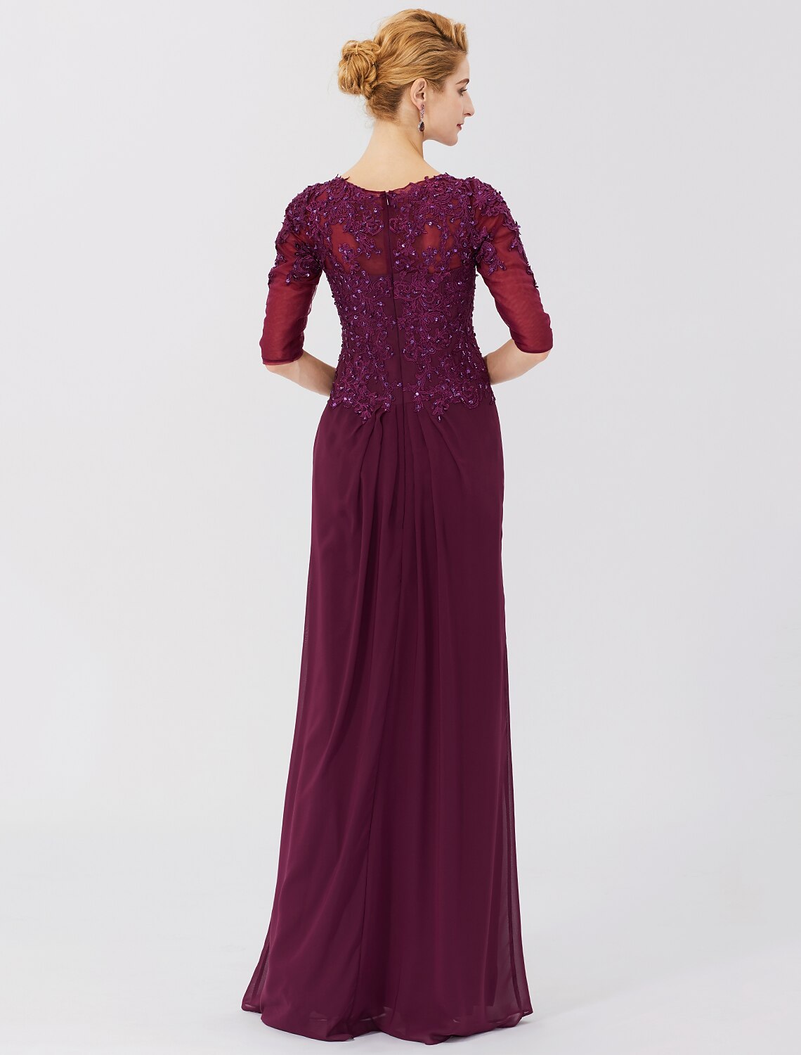 Sheath / Column Mother of the Bride Dress Formal Classic & Timeless Elegant & Luxurious See Through Illusion Neck Floor Length Chiffon Beaded Lace 3/4 Length Sleeve No with Pleats Beading