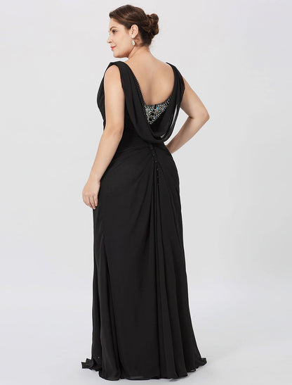 Vestido de madre de la novia con corte tubo/columna, clásico y atemporal, elegante y lujoso, talla grande, cuello vuelto, largo hasta el suelo, gasa, sin mangas, con cuentas entrecruzadas.