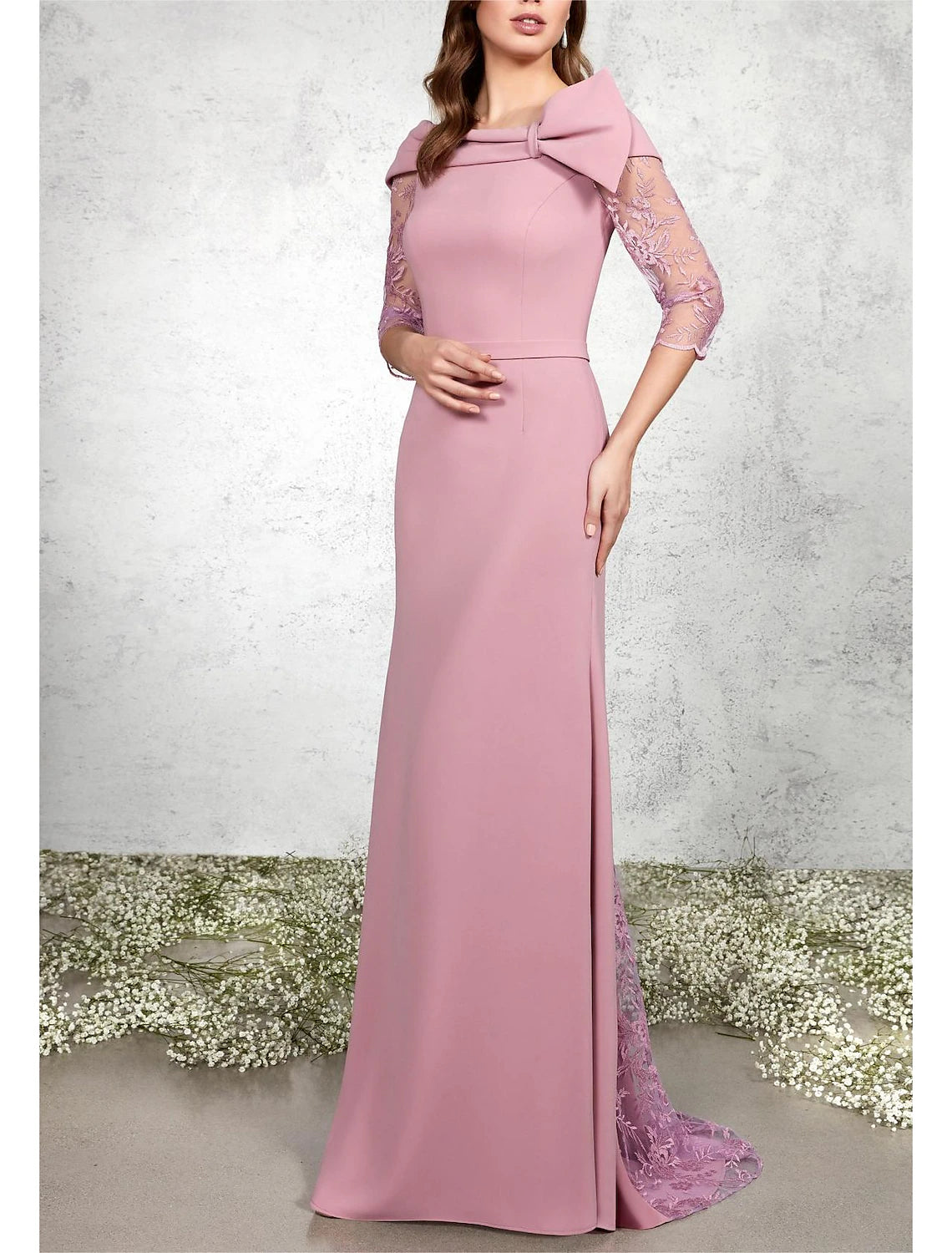 A-Line Mother of the Bride Dress Formal Wedding Guest Elegant Bateau Neck Sweep / Brush Train Chiffon Lace 3/4 Length Sleeve with Bow(s) Appliques