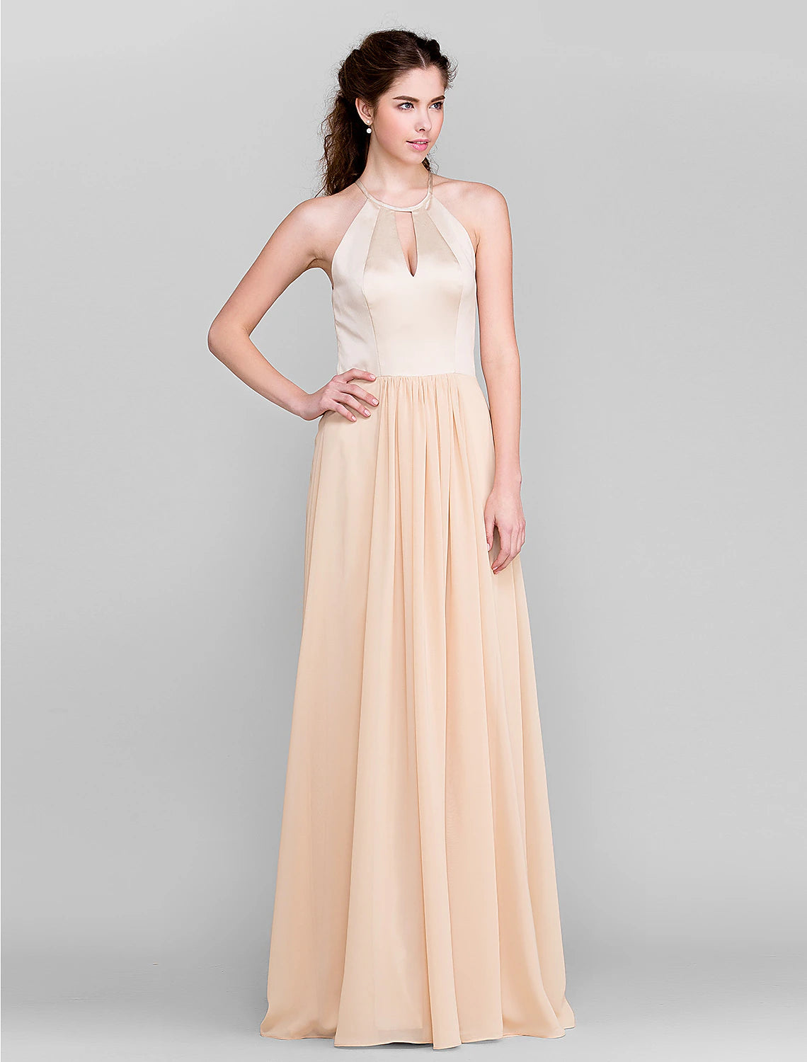 A-Line Jewel Neck Floor Length Chiffon / Satin Bridesmaid Dress with Pleats