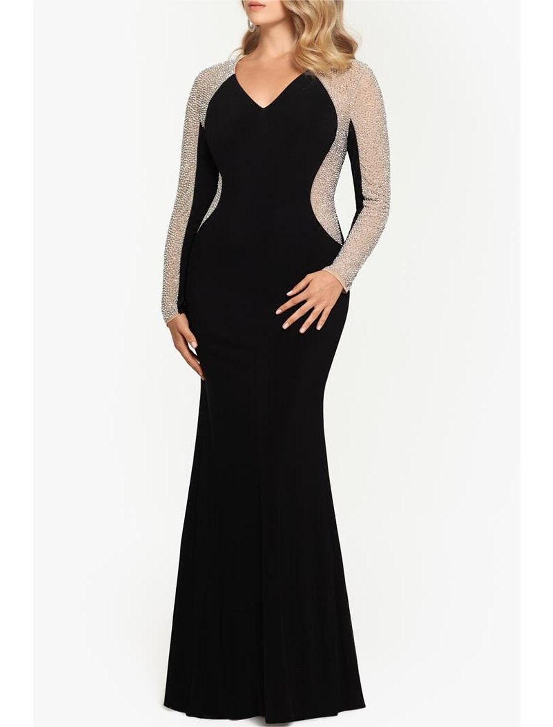 Mermaid / Trumpet Mother of the Bride Dress Wedding Guest Elegant Vintage Luxurious V Neck Floor Length Velvet Long Sleeve with Crystals
