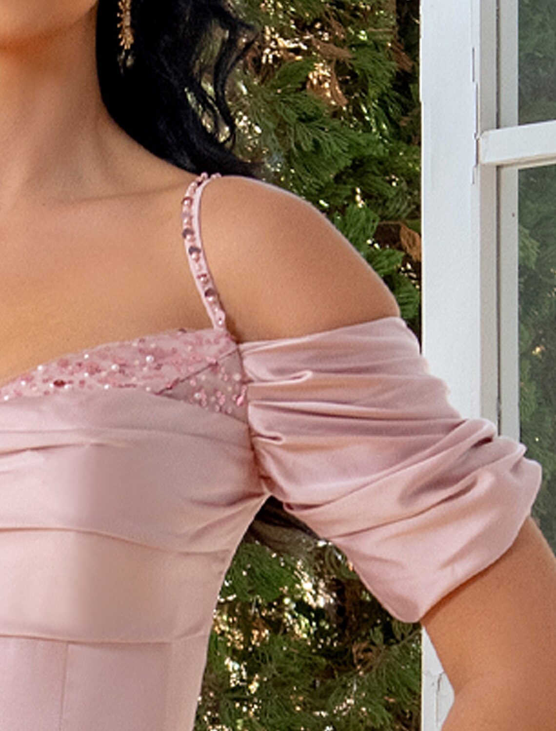 Vestido de noche de corte tubo/columna, sexy, para fiesta de boda, con cola larga/cepillo, manga corta, tirantes finos, satén, con perlas fruncidas y lentejuelas