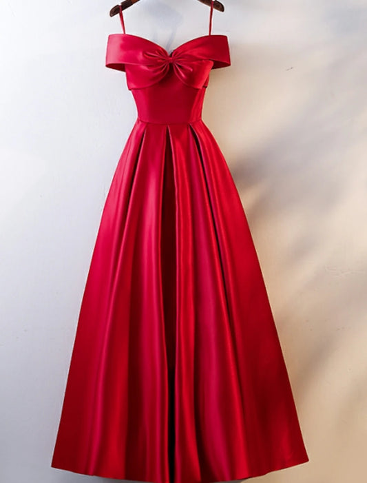 A-Linie Ballkleider Rückenfrei Kleid Hochzeitsgast Abschlussball Bodenlang Kurzarm Schulterfrei Satin mit Rüschen