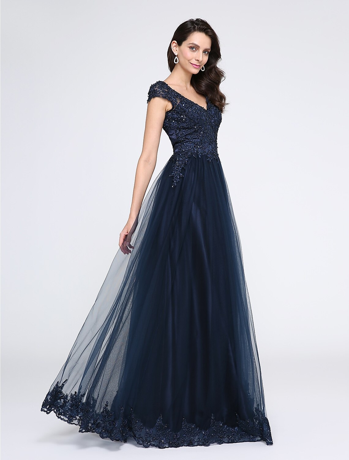 A-Line Little Black Dress Dress Wedding Guest Floor Length Sleeveless V Neck Tulle with Appliques