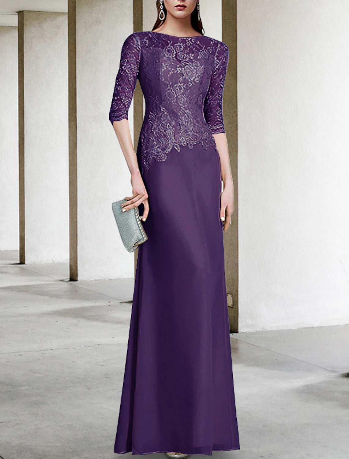 Sheath / Column Mother of the Bride Dress Wedding Guest Elegant Jewel Neck Floor Length Chiffon Half Sleeve with Lace Solid Color