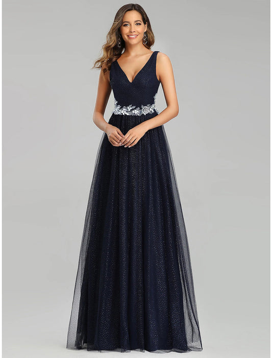 Vestidos de fiesta de corte A, estilo imperio, para invitados de boda, largo hasta el suelo, sin mangas, cuello en V, tul con apliques de lentejuelas