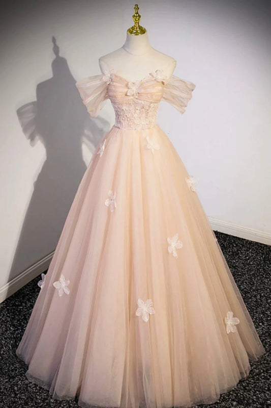 A-line Off Shoulder Cute Flowers Tulle Long Formal Dresses Evening Dresses
