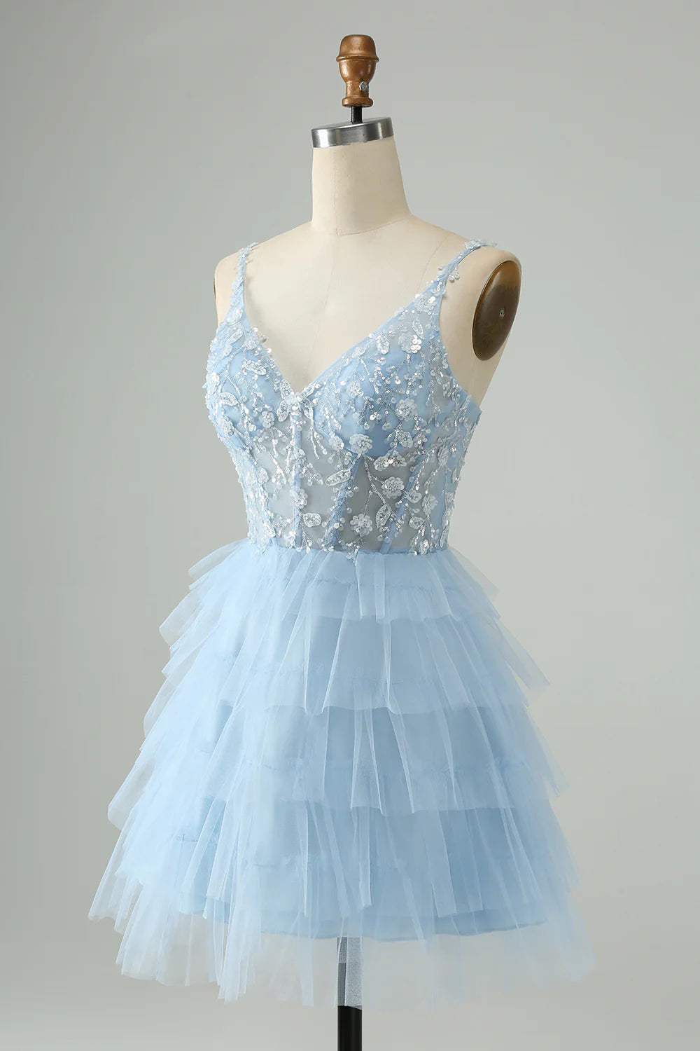 A Line Spaghetti Straps Tulle Tiered Short Homecoming Dress