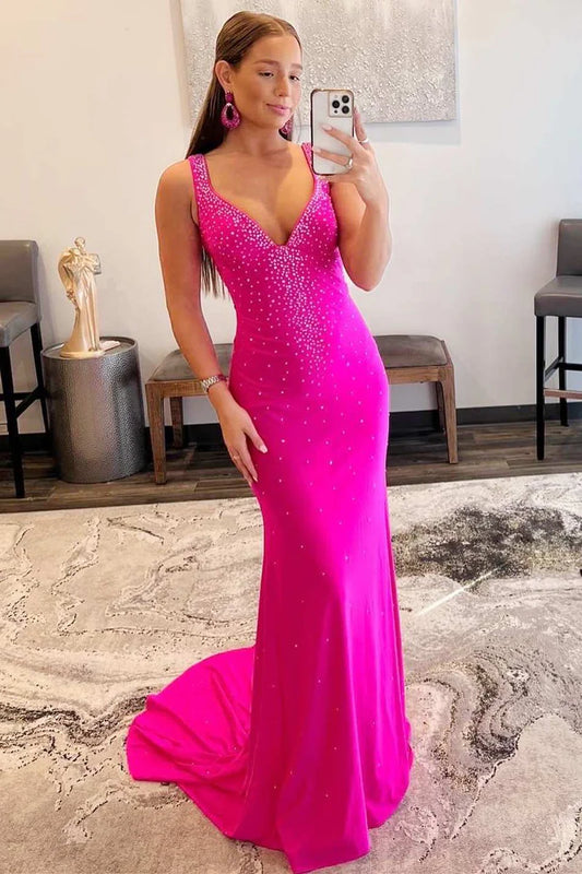 Meerjungfrau-Ballkleid aus Satin mit V-Ausschnitt und Perlenbesatz und überkreuztem Rücken