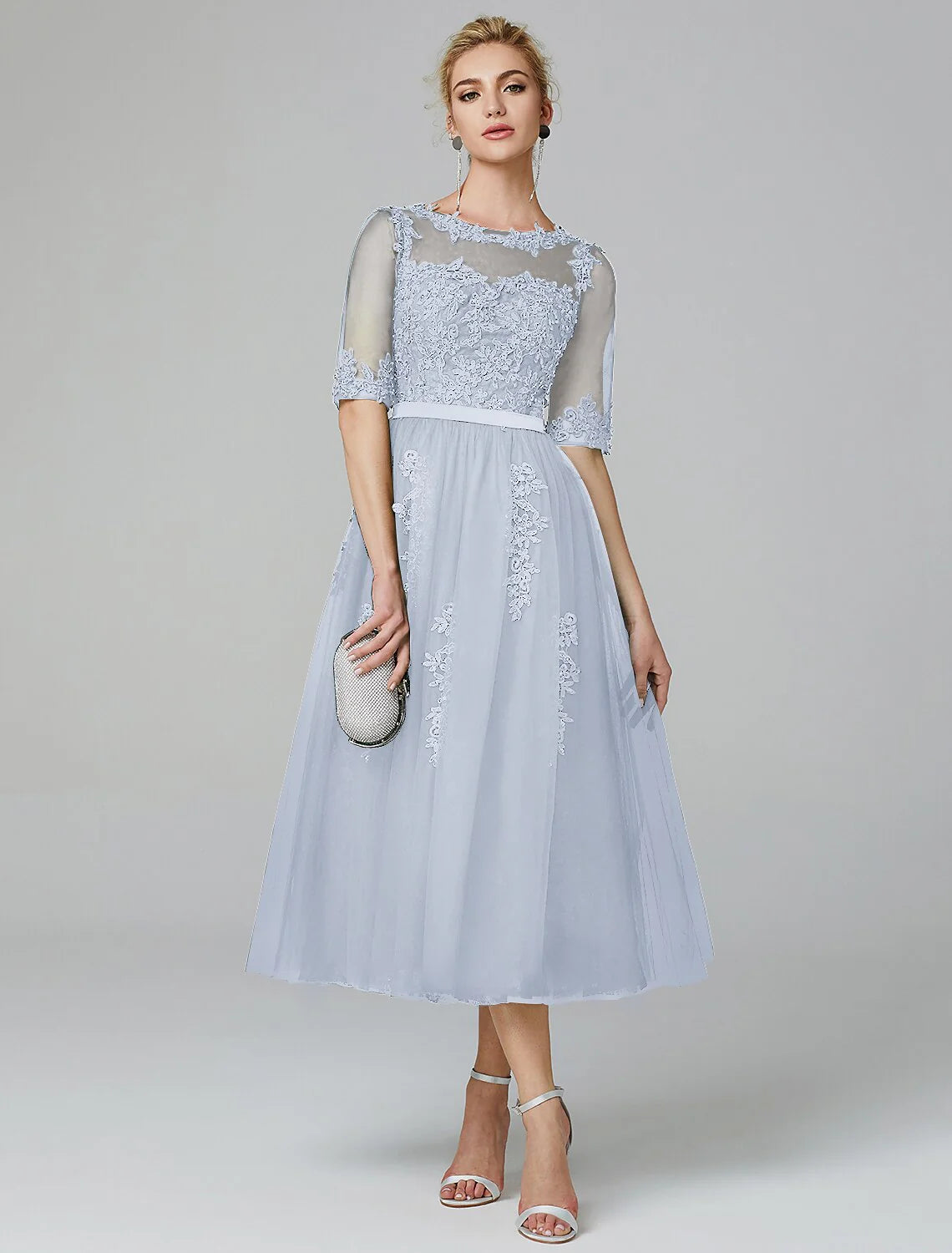 Vestido de cóctel de corte A para Navidad, formal, de noche, Kentucky Derby, largo hasta la rodilla, sin mangas, cuello ilusión, para invitadas de boda de otoño, con encaje sobre tul y apliques de lentejuelas.