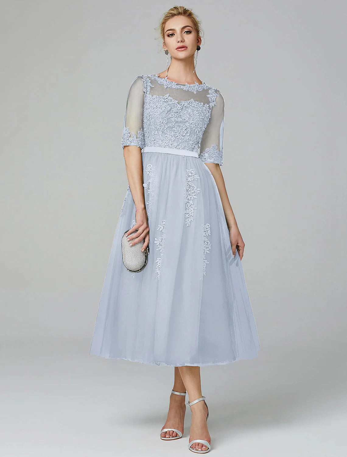 Vestido formal de noche con corte A y brillo, estilo Kentucky Derby, largo hasta la rodilla, sin mangas, cuello ilusión, para invitadas de boda de otoño, con encaje sobre tul y apliques de lentejuelas.