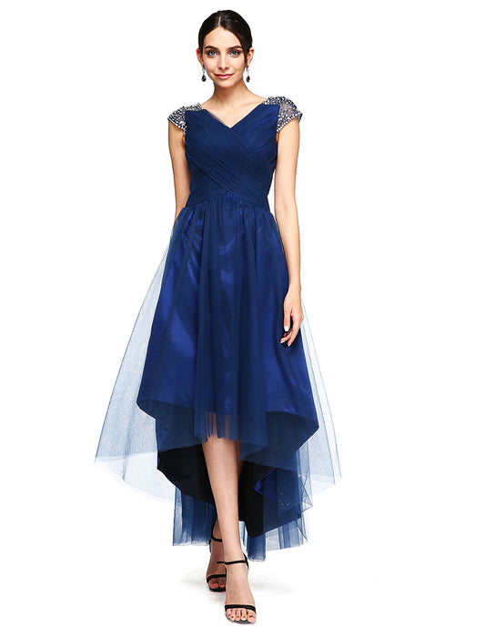 A-Linien-Kleid für besondere Anlässe, rückenfreies Kleid für Hochzeitsgäste, Abschlussball, asymmetrisch, kurze Ärmel, V-Ausschnitt, Tüll mit überkreuzten Perlen