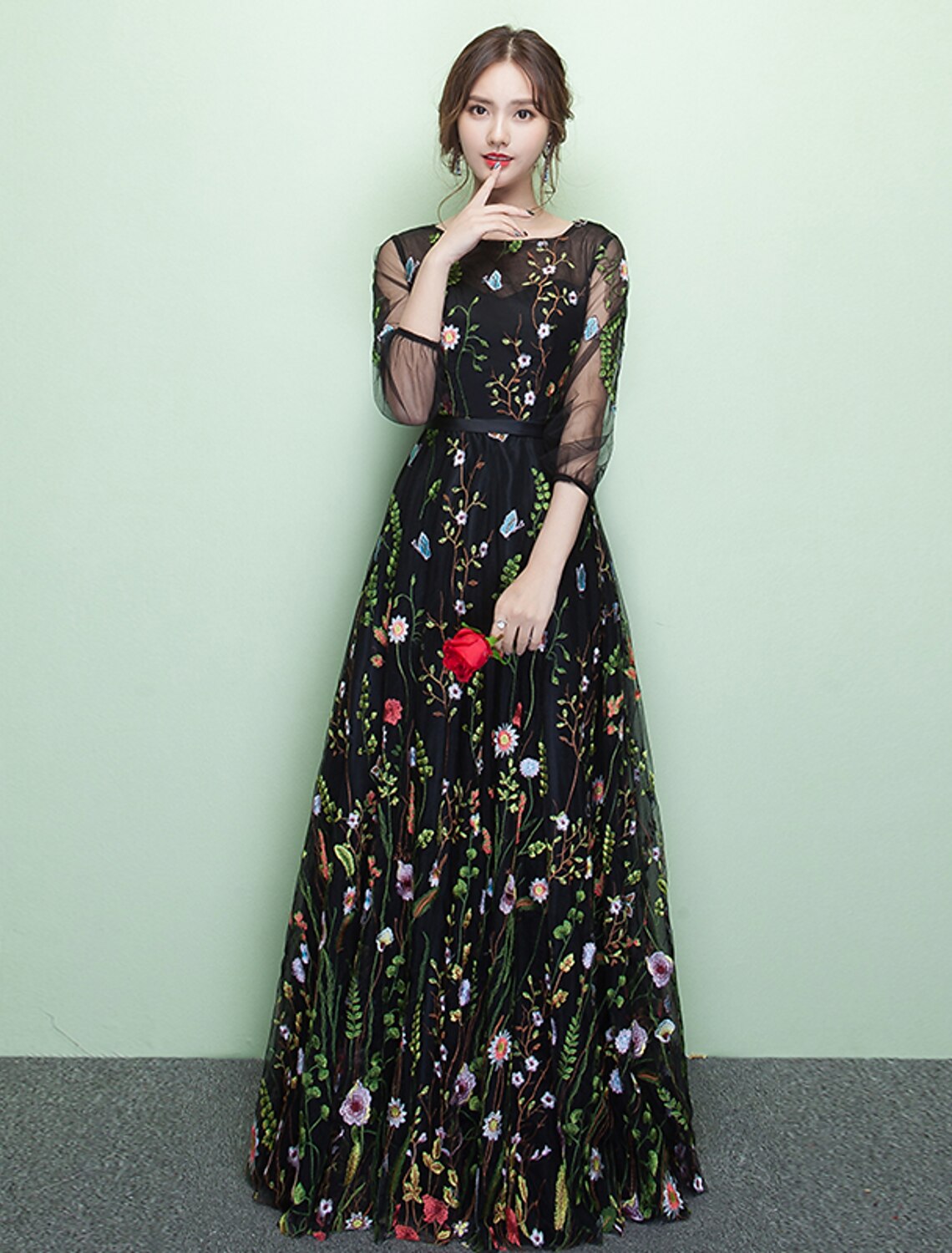 Vestido de noche formal elegante de corte A con brillo y brillo, escote joya, mangas 3/4, largo hasta el suelo, encaje con bordado