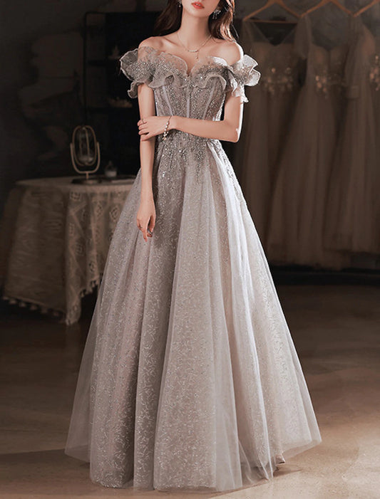 Vestidos de fiesta de corte A, brillantes y con brillo, para invitadas de boda, de graduación, hasta el suelo, manga corta, hombros descubiertos, poliéster con volantes de lentejuelas