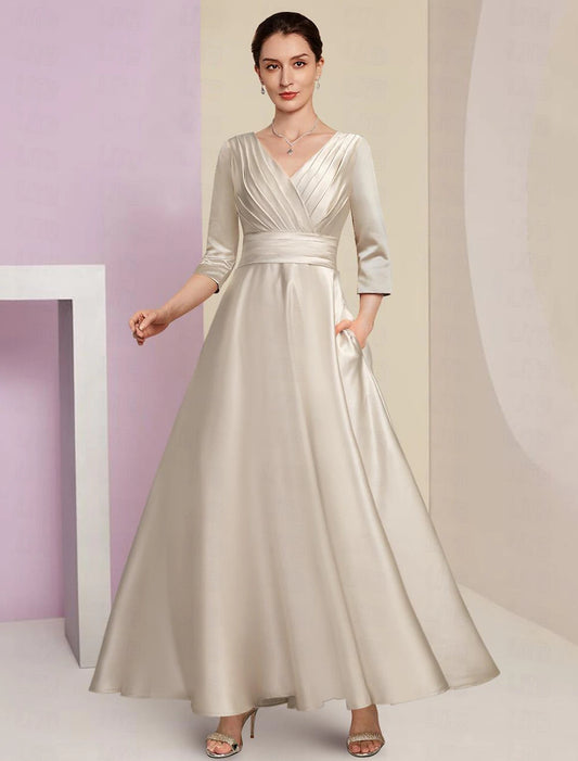 A-Line Mother of the Bride Dress Formal Wedding Guest Elegant V Neck Ankle Length Sequined Italy Satin 3/4 Length Sleeve with Pleats Ruched