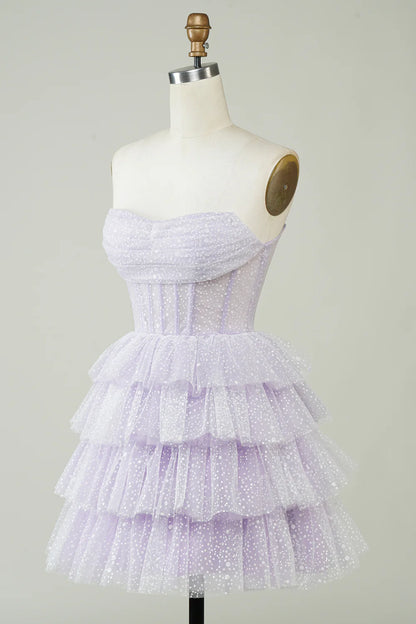 Sparkly Strapless Corset Polka Dots Tiered Cute Homecoing Dress