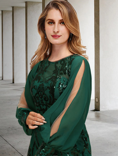 Sirena / Trompeta Talla Grande Curva Vestidos de Madre de la Novia Vestido Elegante Vestido Formal Invitada de Boda Barrido / Cola de Cepillo Manga Larga Cuello Joya Gasa con Lentejuelas