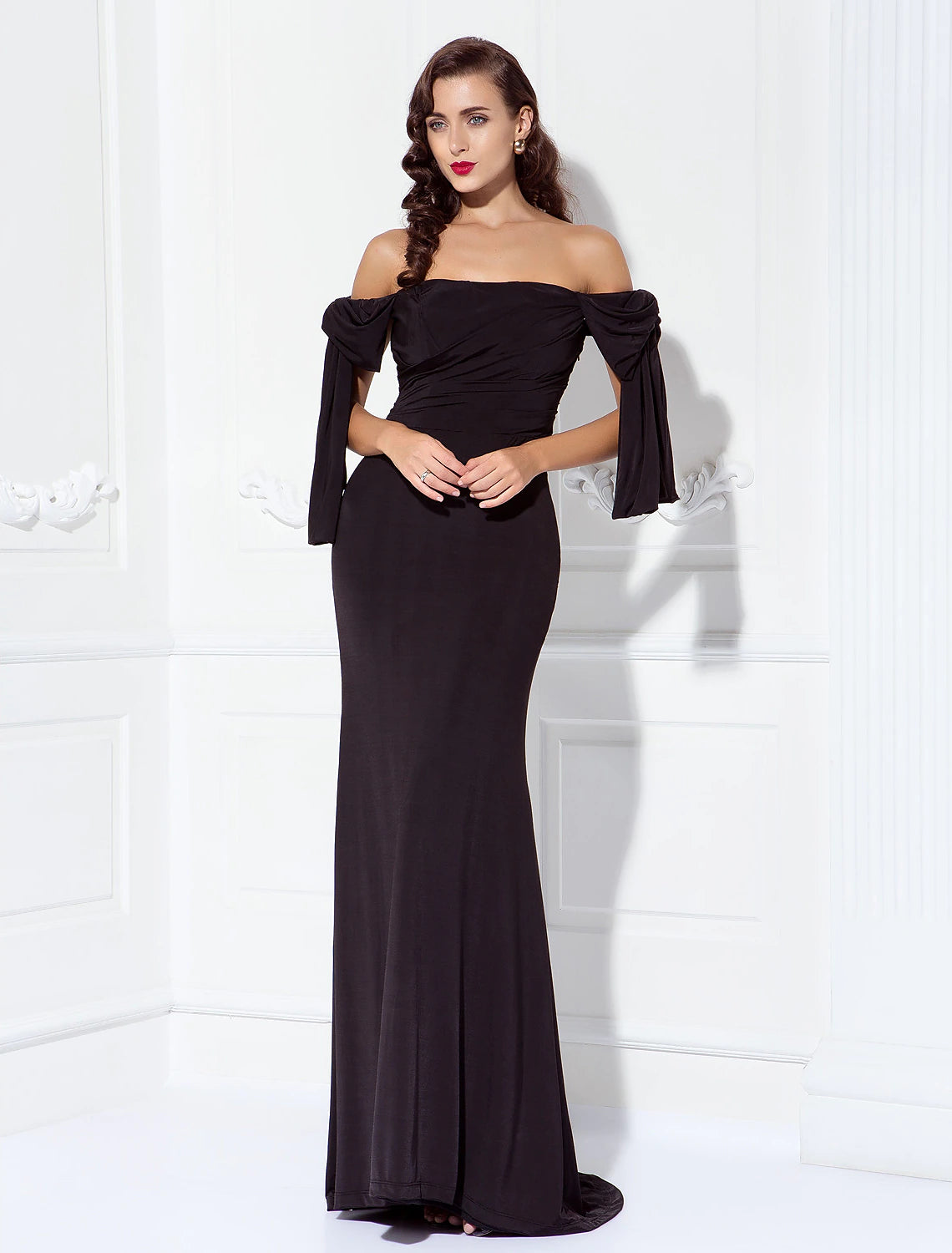 Sheath / Column Celebrity Style Elegant Open Back Prom Formal Evening Military Ball Dress Off Shoulder Short Sleeve Sweep / Brush Train Jersey with Side Drapin
