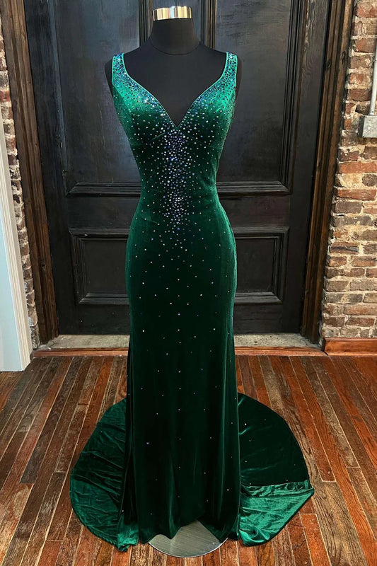 Mermaid Velvet V-Neck Cutout Back Long Formal Dress