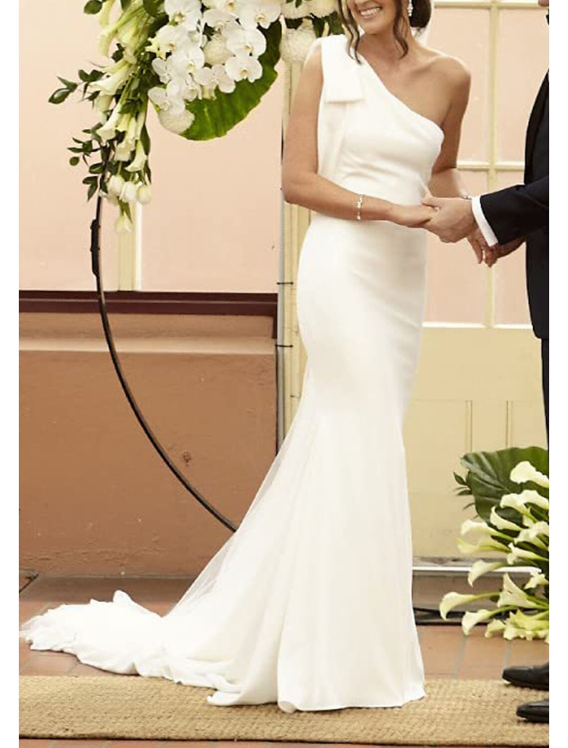 Boho Brautkleider Meerjungfrau Eine Schulter Ärmellos Hofschleppe Stretch Stoff Brautkleider Mit Schleife(n)