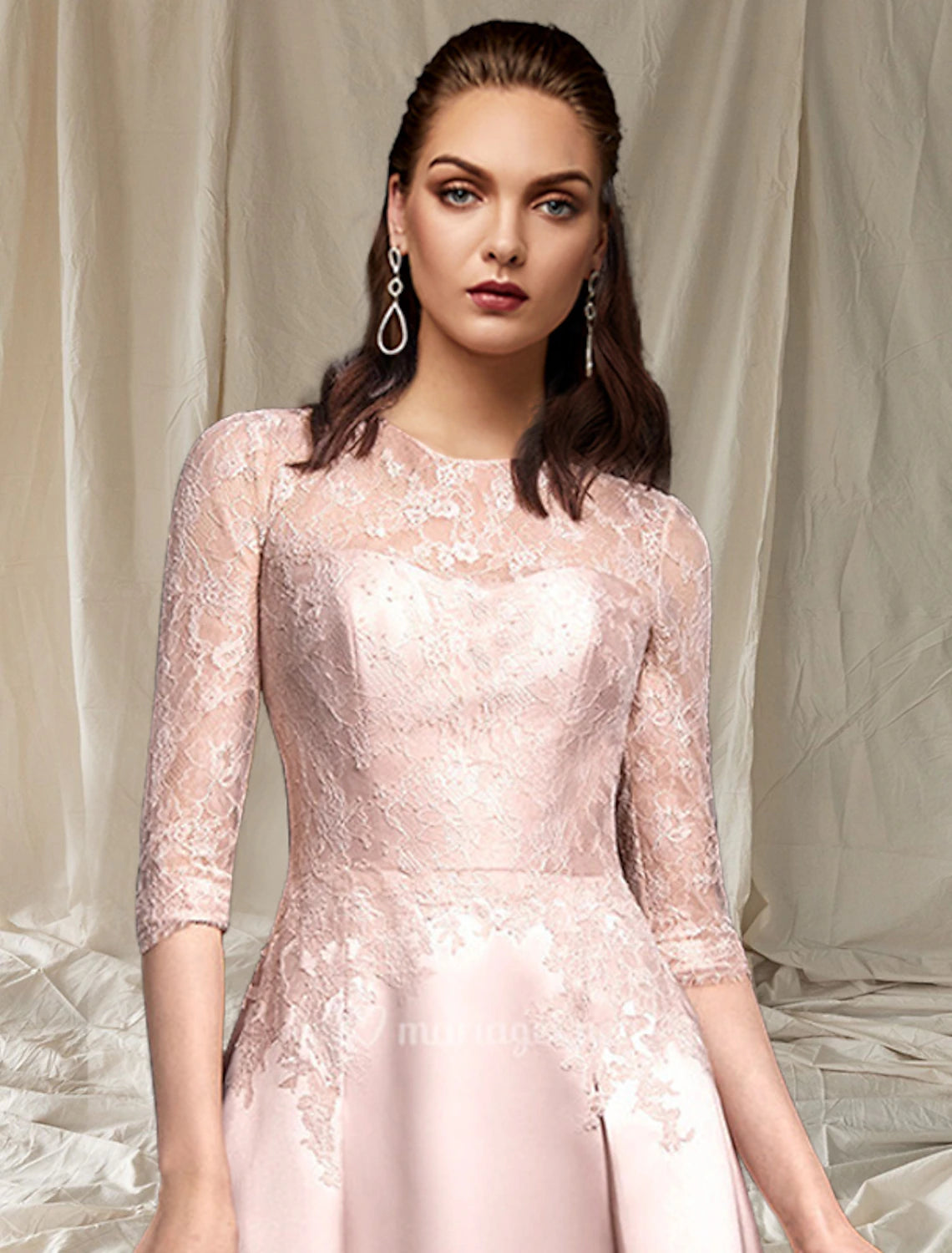 A-Line Mother of the Bride Dress Elegant Jewel Neck Tea Length Satin Lace Half Sleeve with Pleats