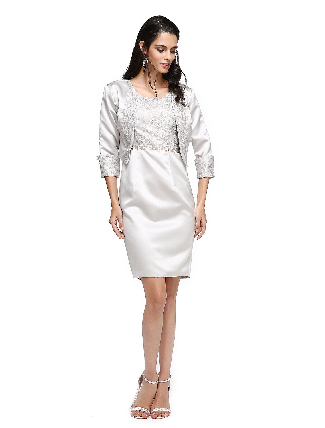 Sheath / Column Mother of the Bride Dress Two Piece Jewel Neck Short / Mini Satin Half Sleeve No with Pleats