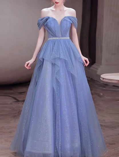 A-Linie Ballkleider Sparkle &amp; Shine Kleid Hochzeitsgast Geburtstag Bodenlang Ärmellos Off Shoulder Tüll mit Pailletten