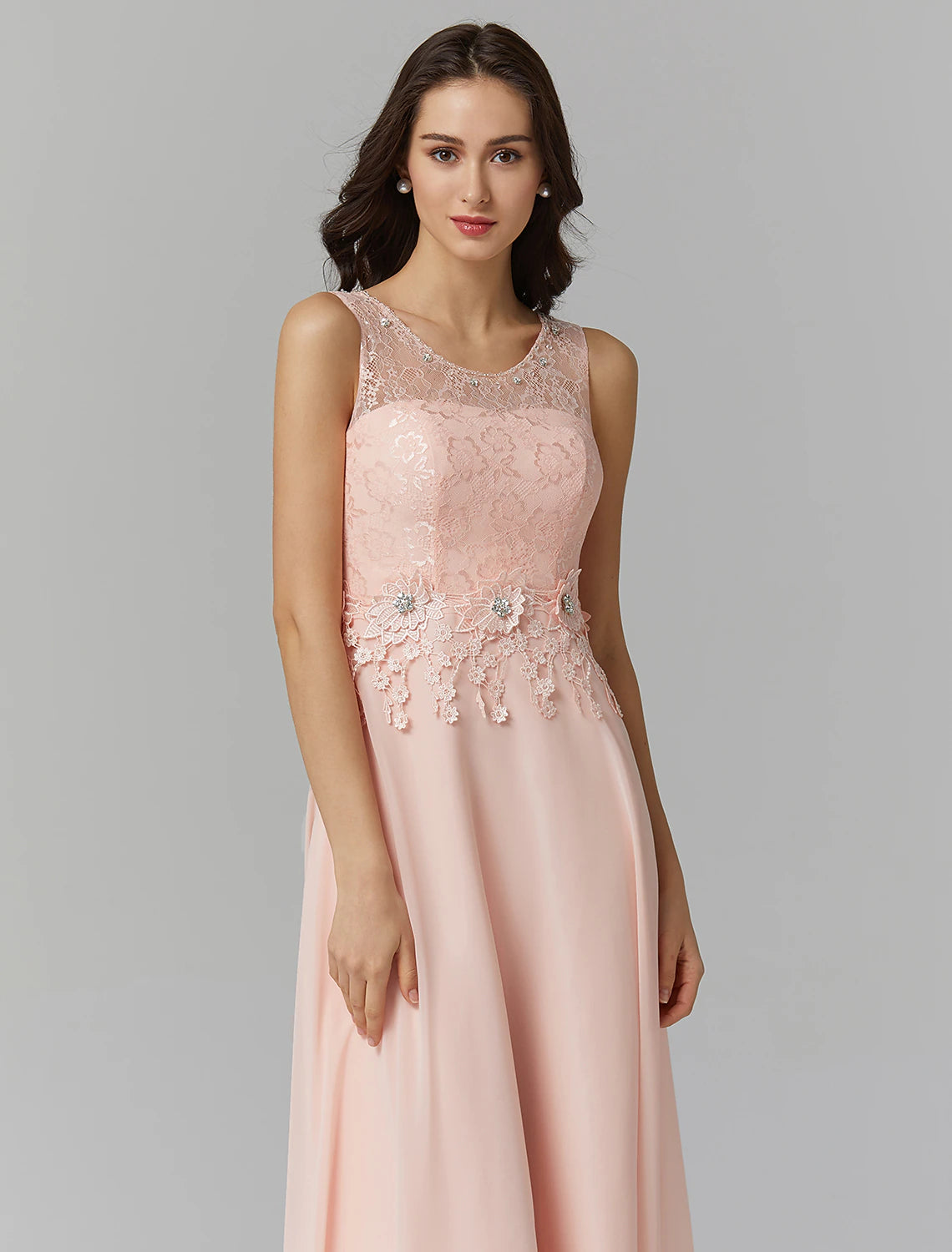 A-Linie Empire-Kleid, Hochzeitsgast, Abschlussball, bodenlang, ärmellos, Illusionsausschnitt, Brautjungfernkleid aus Chiffon mit Perlenapplikationen