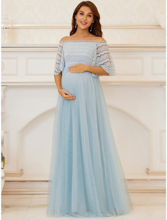 A-Line Mother of the Bride Dress Maternity Elegant Off Shoulder Floor Length Lace Tulle Sleeveless with Tier