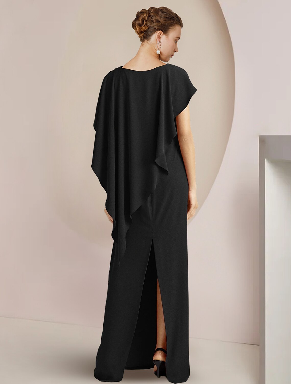 Vestido de madre de la novia con corte tubo/columna, elegante, para invitada de boda, escote redondo, largo hasta el suelo, tejido elástico, sin mangas y abertura frontal.