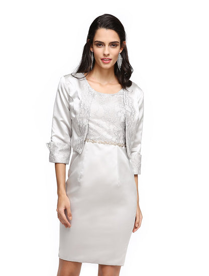 Sheath / Column Mother of the Bride Dress Two Piece Jewel Neck Short / Mini Satin Half Sleeve No with Pleats