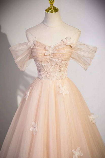 A-line Off Shoulder Cute Flowers Tulle Long Formal Dresses Evening Dresses
