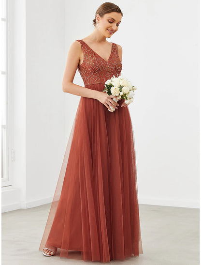 A-Linie Ballkleider Sparkle &amp; Shine Kleid Homecoming Hochzeitsgast Bodenlang Ärmellos V-Ausschnitt Tüll mit Drapierung Spleißen