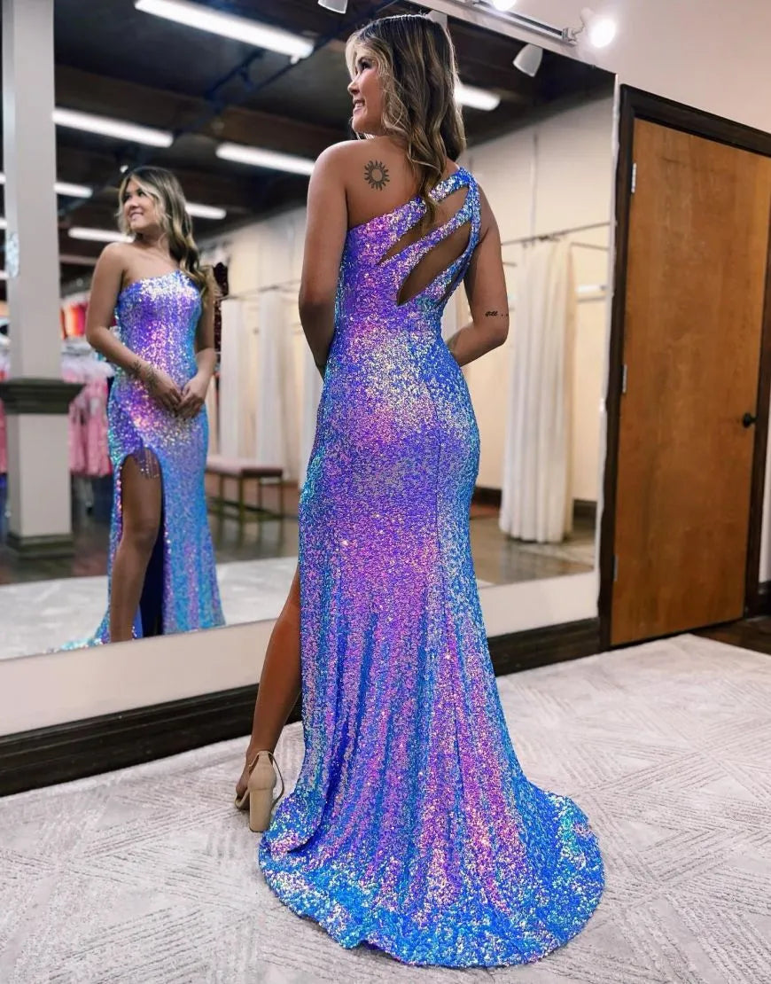 One Shoulder Long Glitter Sequin Prom Dress