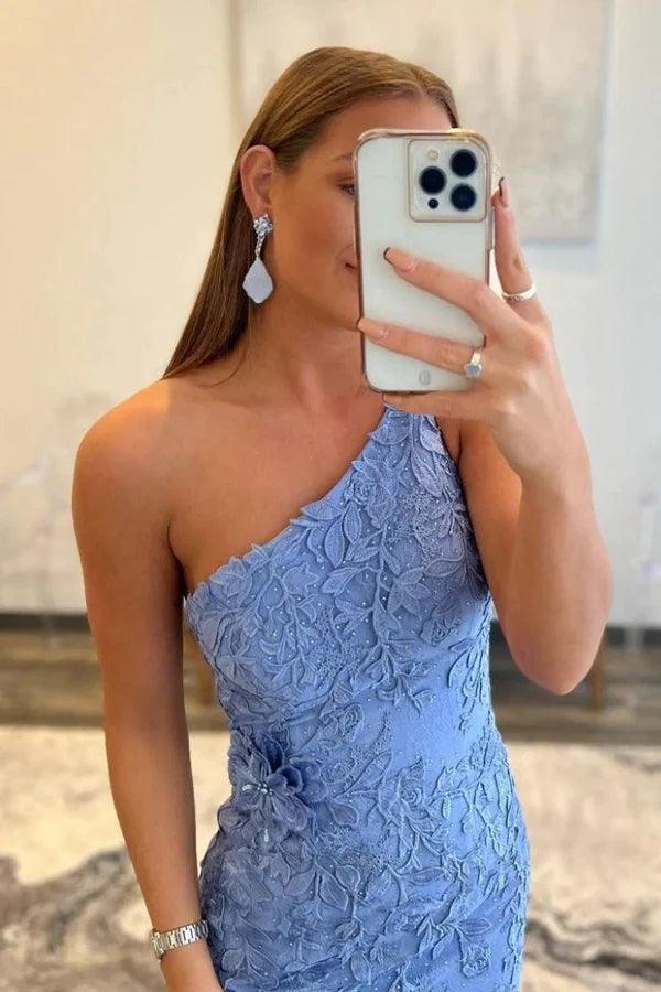 Mermaid One Shoulder Long Lace Prom Dress With Split