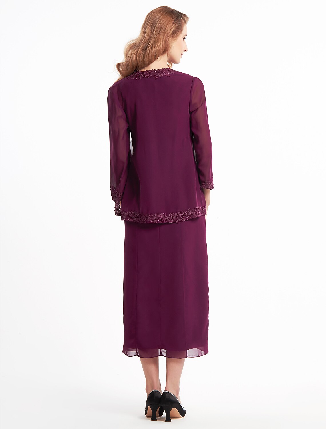 Sheath / Column Mother of the Bride Dress Convertible Dress V Neck Tea Length Chiffon 3/4 Length Sleeve with Lace