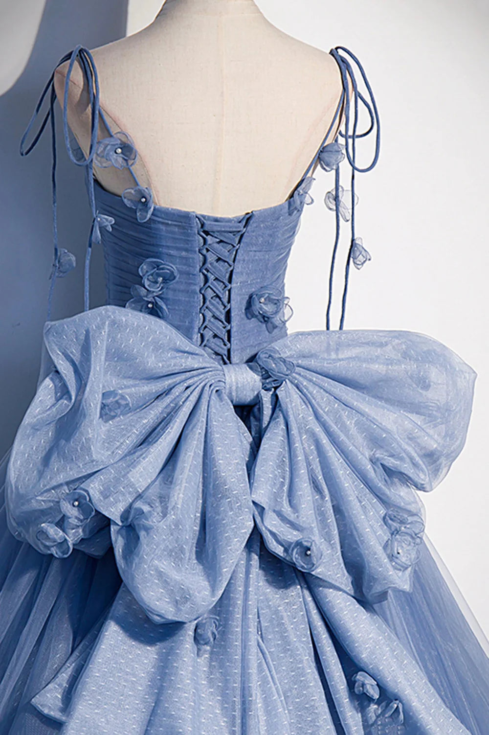 A-Linie Tüll Lange Spaghettiträger Partykleid Ballkleid mit Schleife