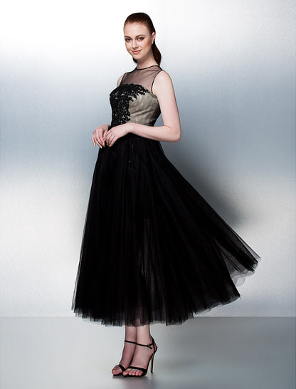 Ball Gown Illusion Neck Tea Length Tulle Celebrity Style Prom / Formal Evening Dress with Beading / Sequin / Appliques