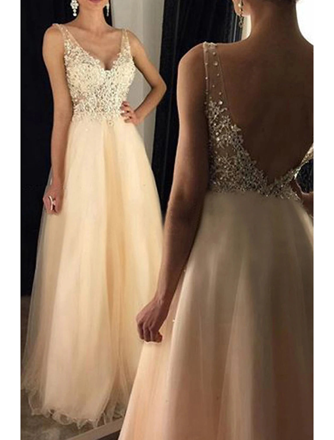 Vestidos de fiesta de corte A, brillantes y con brillo, para invitados de boda, formales, largos hasta el suelo, sin mangas, escote en V, tul, espalda en V con apliques de cuentas.