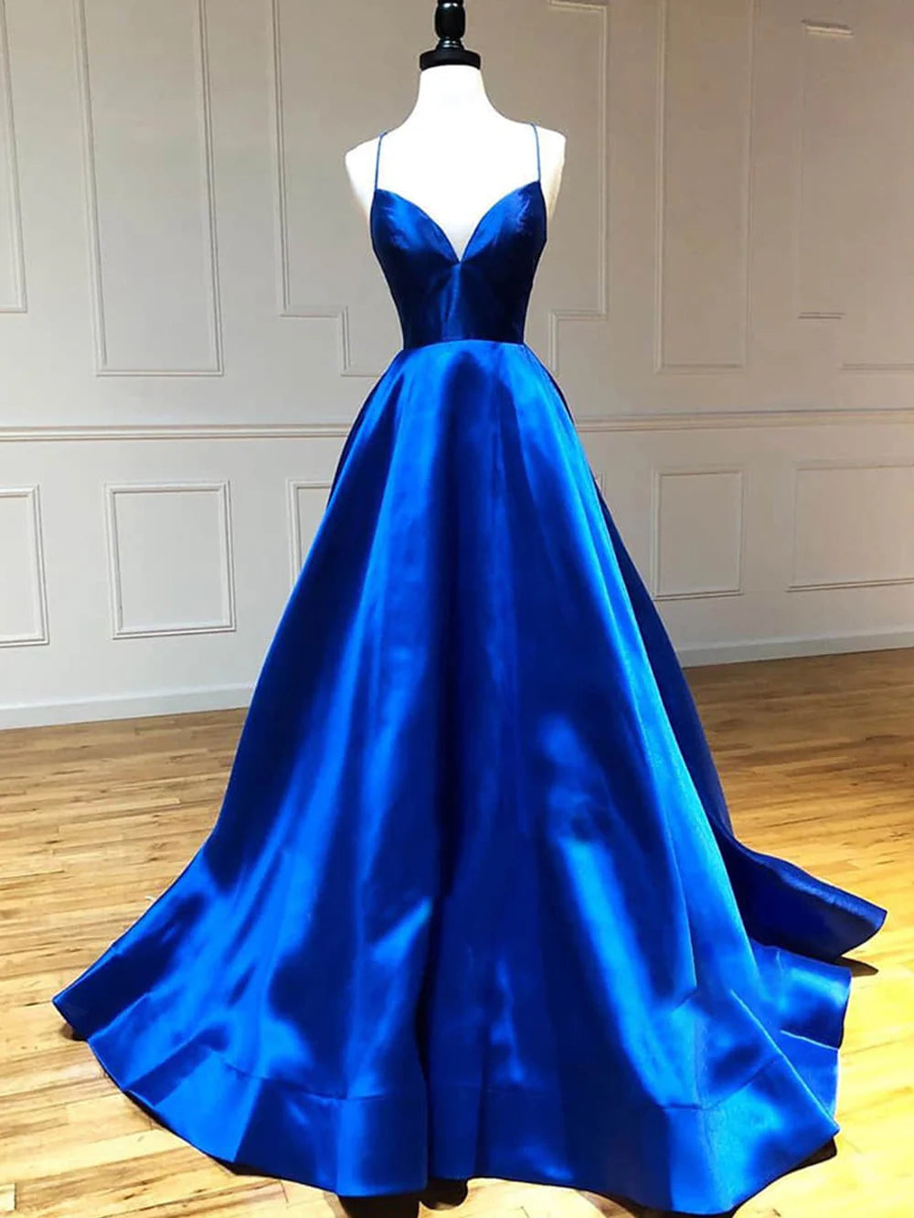 A Line V Neck Satin Long Prom Dress