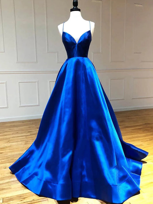 A Line V Neck Satin Long Prom Dress