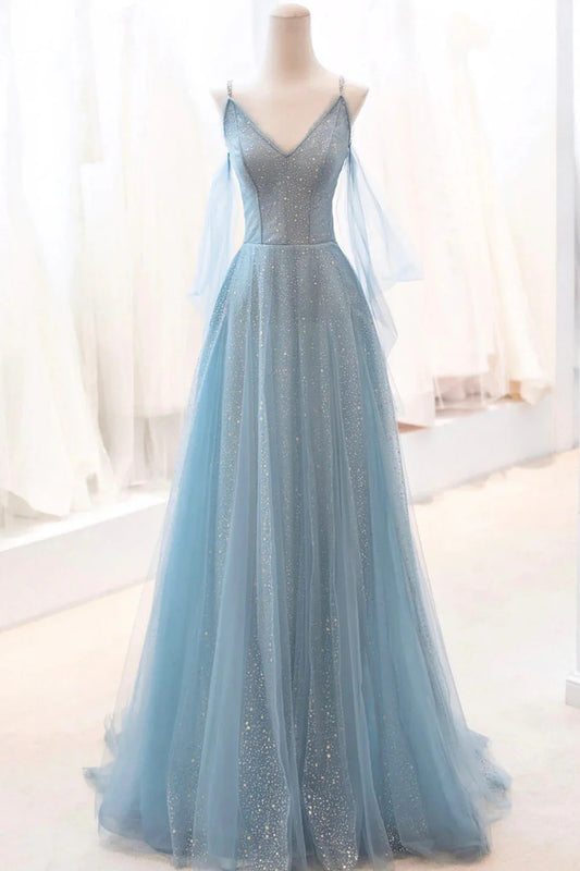 A-Linie Glitzerndes Tüll Spaghettiträger Abendkleid Langes Ballkleid