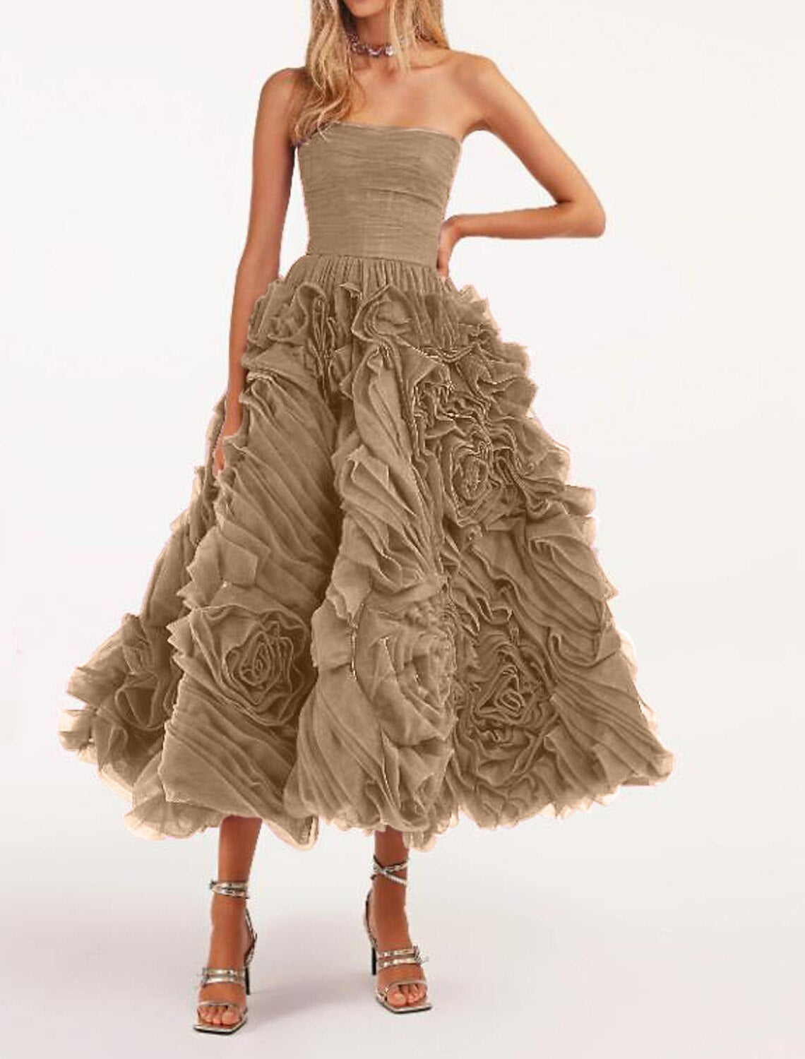 A-Line Prom Dresses Floral Dress Masquerade Ankle Length Sleeveless Strapless Tulle Backless with Floral